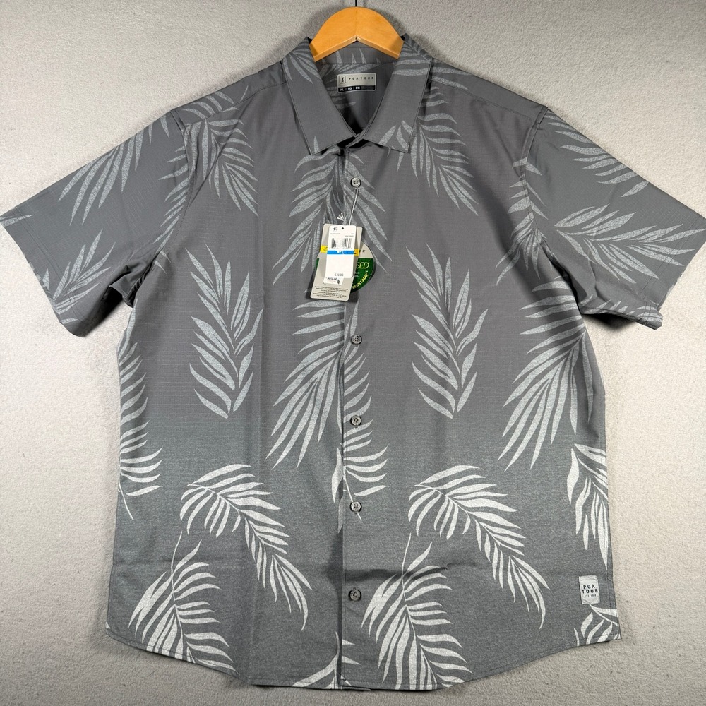 PGA Tour Mens XL Grey Palm Leaf Print Short Sleeve Button Down Golf Shirt NWT